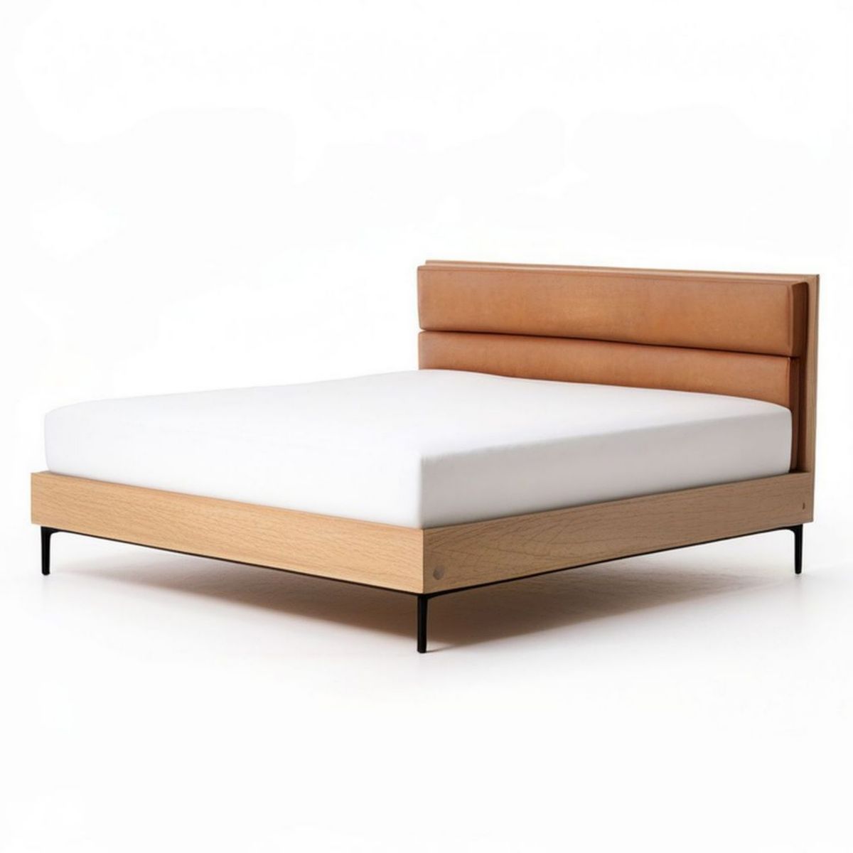Doppelbettgestell 160 × 200 cm aus Eichenfurnier mit gepolstertem Kopfteil in Cognac