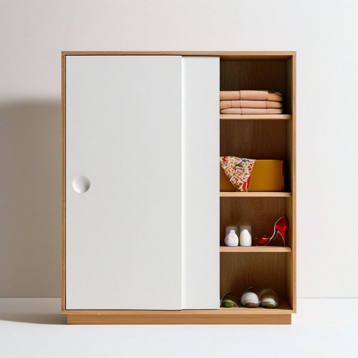 Kleiderschrank mit Schiebetüren und offenem Regal, 120 x 60 x 200 cm, Weiss/Eiche